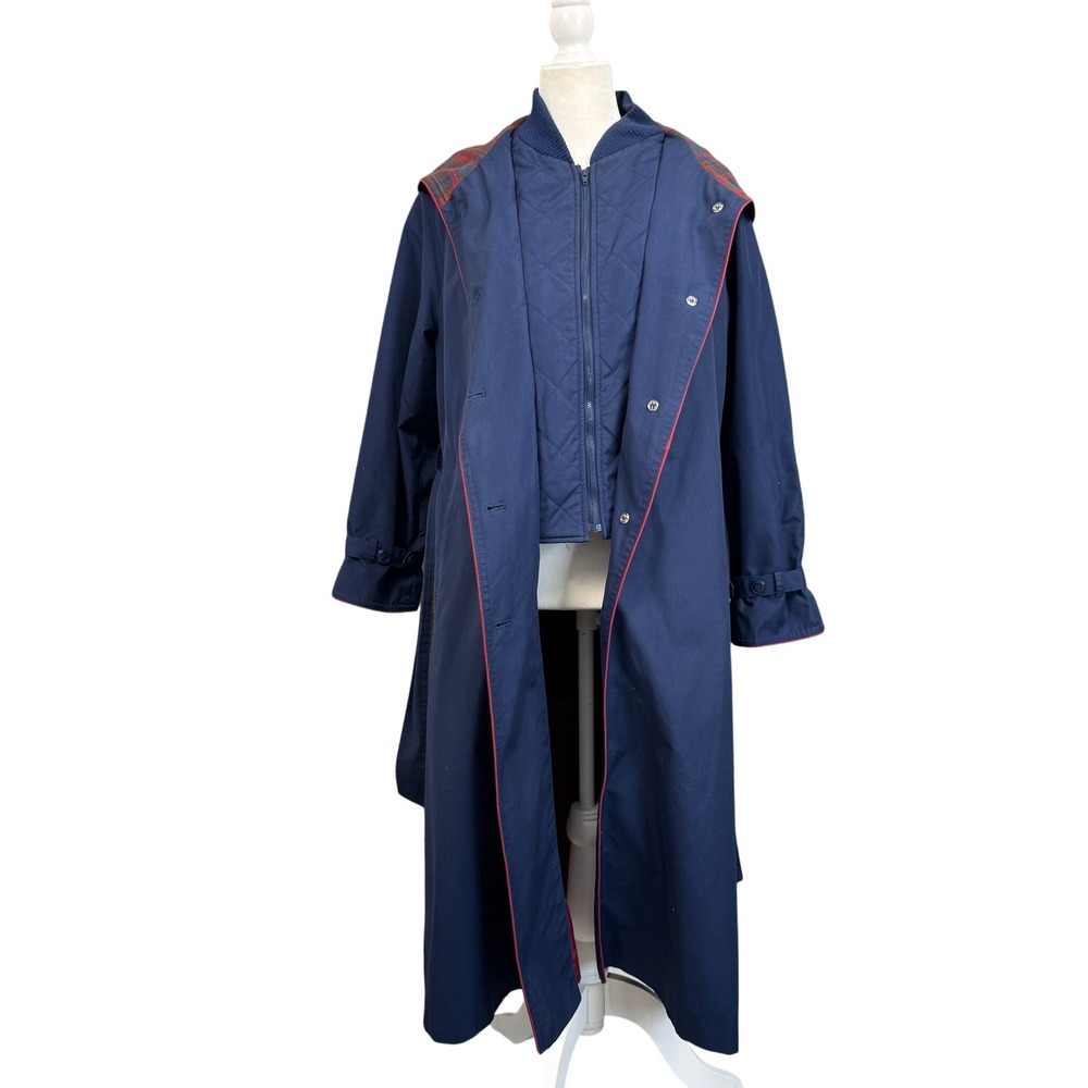 Vtg 80s Partners Mervyns Trench Coat Womens S Petite Plaid Zip Out Liner Hood - Picture 3 of 16